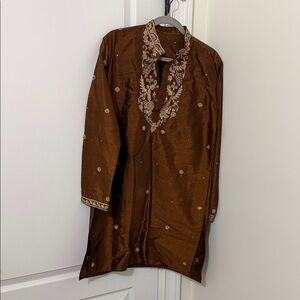 Mens Elegant Brown Embroidered Pure Silk Kurta